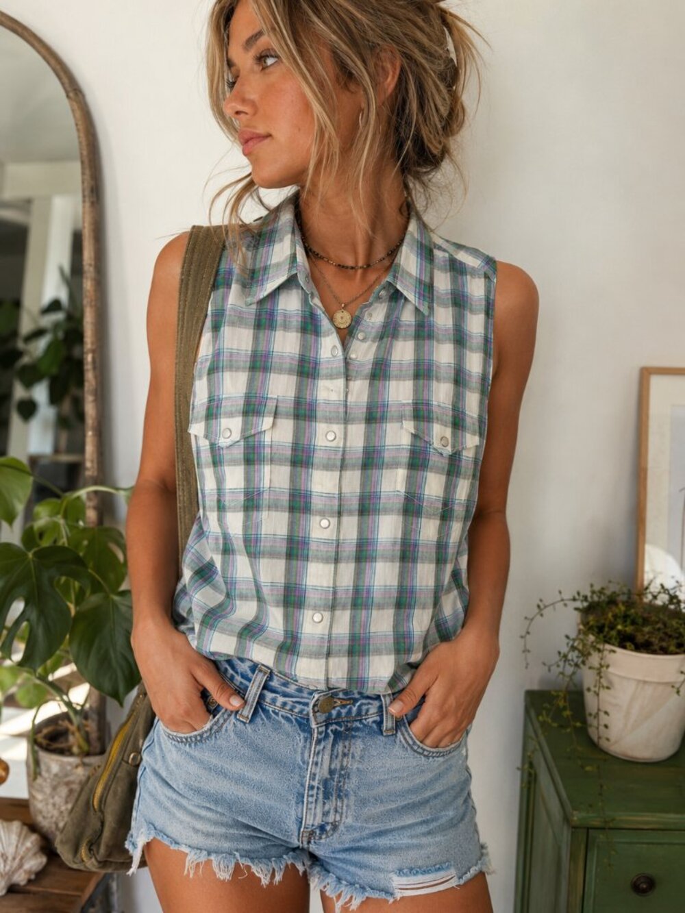 Wrangler Rancher Pearl Snap Plaid Sleeveless Western Shirt Large